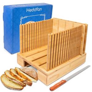 lot 3520 image: Bamboo Bread Slicer For Homemade Bread - Built-In Knife Slot, Crumb Catcher & Storage Compartment - Adjustable Extra Wide & High For Sourdough - Long 12�� Knife Blade Included