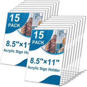 lot 3522 image: 15 Pack Acrylic Sign Holder 8.5 x 11, L-Shape Clear Plastic Display Stand for Tabletop, Acrylic Stands for Flyers, Table Paper Holder, Vertical Sign Holder 8.5x11 for Restaurants, Office and School(Slant 15 Pack 8.5x11)