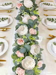 lot 3528 image: 2 Pack 13Ft Artificial Eucalyptus Flower Garland with 16 White Peony Pink Rose, Baby Breath Fake Flowers Greenery Garland Floral Vine for Mantle Wedding Table Runner Centerpiece Backdrop Home Decor