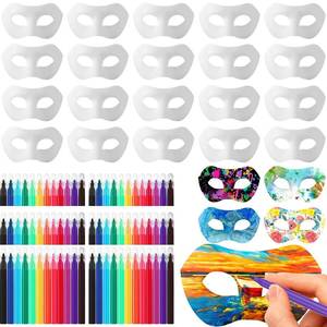 lot 4055 image: Tisancy 24 Pack White Paper Mask Half Face Masquerade Mask DIY with 12 Colors Acrylic Paint and Brushes Paper for Prom Prom(Watercolor)