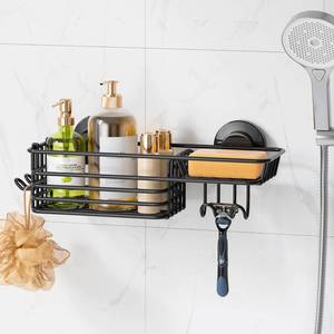 lot 4058 image: LEVERLOC Shower Caddy Suction Cup, Suction Caddy with Hooks and Soap Holder for Bathroom, No-Drilling Bathroom Shower Organizer, Black