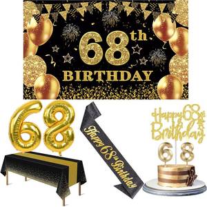lot 4066 image: 68th Birthday Decorations Men Women with 68th Birthday Banner, Black and Gold Table Cloth, Number Balloons, Sash, Cake Topper and Candles