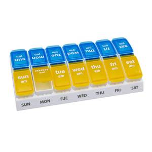 lot 4080 image: EZY DOSE Weekly AMPM Pill Organizer, 7-Day Vitamin and Medication Box with Large Pop-Out Compartments, 2 Times a Day Pill Holder for Easy Dosing, Yellow and Blue Lids, Travel-Friendly Design