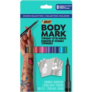 lot 4137 image: BodyMark Temporary Tattoo Markers, 8-Count Color Collection, Skin-Safe & Cosmetic Quality, Cruelty-Free, Long-Lasting, Flexible Brush Tip, Stencils Included