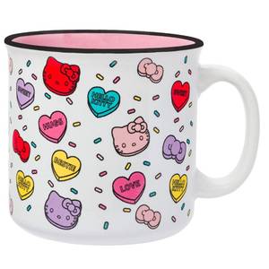 lot 4146 image: Silver Buffalo Sanrio Hello Kitty Valentine Candy Hearts And Bows Love and Bestie Pattern Ceramic Camper Mug, 20 Ounces