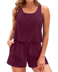 lot 4154 image: Tempt Me Romper One Piece Swimsuits with Short - Women Boyleg with Pockets Modest Bathing Suit Deep Purple L