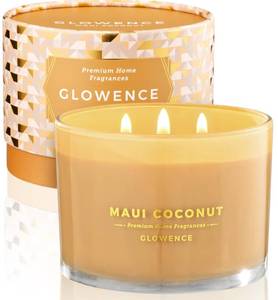 lot 4160 image: Glowence Luxury Coconut Scented Candle - Large 3 Wick Jar Candle - Elegant Gift for Women & Men - 100% Natural Soy Wax - Up to 40 Hours Burning Time - Housewarming Aromatherapy Candle for Home