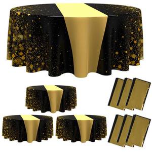 lot 4161 image: Remagr 6 Pcs Round Plastic Tablecloth Disposable 84 Inch Tablecloth Party Table Runner Round Cover for Birthday Graduation Wedding Baby Shower Retirement Decoration(Black and Gold)