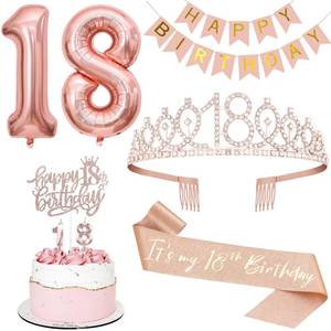 lot 4174 image: 18th Birthday Decorations Set, Including 18th Tiara and Sash, Happy Birthday Banner, Cake Toppers, Number Candles and Balloons Set, Rose Gold
