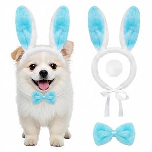 lot 4192 image: Heliltd 3Pcs Easter Bunny Costume for Dogs Cats, Plush Bunny Ears Headband with Bow Tie Collar, Tail, Cute Pet Rabbit Dress Up Outfit for Easter Party Photo Shoot, Pink Blue White