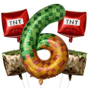 lot 4200 image: 40-inch TNT-themed giant number balloon, green pixel miner number 6 foil balloon set, video game-themed party decoration,gaming party supplies