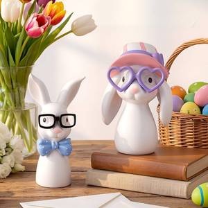 lot 5567 image: Kathfly 2 Pack Easter Bunny Table Decorations Pastel Resin Easter Bunny Figurines with Glasses for Home Tiered Tray Centerpieces Farmhouse Spring Decoration Rabbit Statue for Mantel Shelves Tabletop