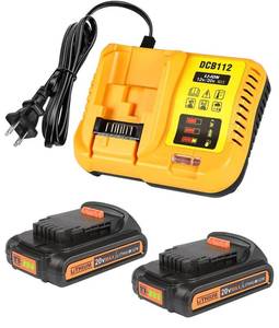 lot 5571 image: Epveyement 2Pack 3.0Ah 20V Battery with Charger Replacemen for Dewalt 20V Battery DCB202 DCB203 DCB204 DCB205 DCB206 DCDDCFDCG Series Tools