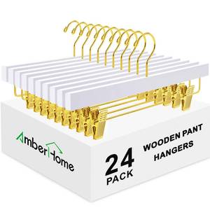 lot 5585 image: Amber Home 24 Pack White Wooden Pants Hangers with Gold Clips, Wood Skirt and Trouser Hangers for Jeans, Slacks, Shorts