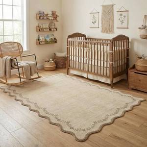 lot 5586 image: GarveeHome 4x6 Jute Scalloped Washable Area Rug for Nursery Room, Solid Floral Soft Nursery Rug Non Slip Low Pile Small Carpet Stain Resistant Throw Rug for Dorm Kids Room Office Dining Room