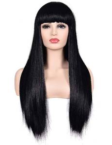 lot 6340 image: morvally Womens 26 Long Straight Black Synthetic Resistant Hair Wigs with Bangs Natural Looking Wig for Women Halloween Cosplay