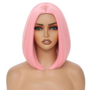 lot 6376 image: Pink Bob Wig for Women 12 Inch Straight Pink Wigs Middle Part Heat Resistant Synthetic Wig