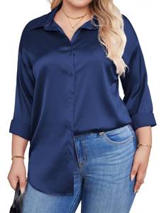 lot 6406 image: INVOLAND Womens Plus Size Satin Blouse Button Down Shirts Casual V Neck Long Sleeve Office Work Tops Navy Blue