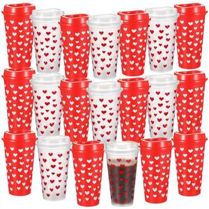 lot 6439 image: Layhit 20 Pcs Valentines Day Reusable Coffee Cups with Lids 16 oz Heart Plastic Coffee Mug for Hot and Cold Drinks Valentines Tumbler Gift for Women Men Teachers Anniversary Wedding Party Supplies One of the red cups has large chip around the rim