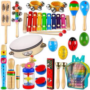 lot 6473 image: LOOIKOOS Toddler Musical Instruments,Wooden Percussion Instruments Toy for Kids Preschool Educational Musical Toys Set for Boys and Girls with Storage Bag