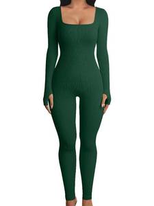lot 6477 image: OQQ Women Long Sleeve Yoga Jumpsuits Workout Ribbed Bodysuits Pants Sexy One Piece Darkgreen size M