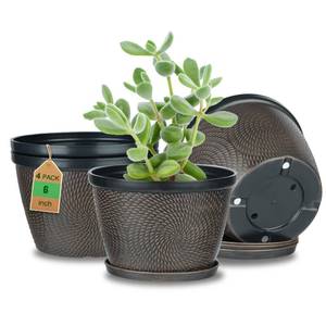 lot 6486 image: Quarut 4 Pack 6 Inch Flower Pots for Outdoor Indoor, Plastic Plant Pots with Drainage Hole & Saucer, Lightweight Small Flower Pot, Circle Pattern Planters for Garden House planters��Brown��