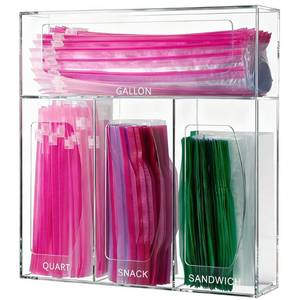 lot 11205 image: SEANADO Acrylic Zip Bag Storage Organizer, Bamboo Baggie Organizer Dispenser for Kitchen Drawer and Wall Mount��Compatible with Gallon, Quart, Sandwich & Snack Variety Size Bag(Clear)