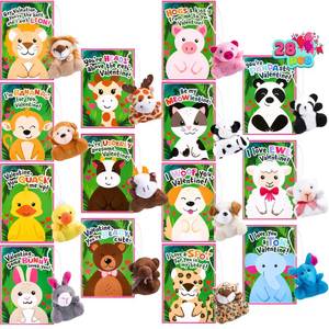 lot 11226 image: JOYIN 28 Pack Valentines Day Gifts Cards for Kids with Plush Toy Key Chain Stress Relief Fidget Toy for Classroom Exchange Cards and Kids Party Favor