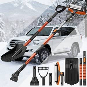 lot 11257 image: 4-In-1 Snow Brush and Ice Scrapers for Car Windshield 55 Extendable Snow Shovel Snow Broom Kit with Squeegee, Foam Grip 180°Pivoting Thicken Brush Head Portable Snow Scraper for Car, Trucks, SUV