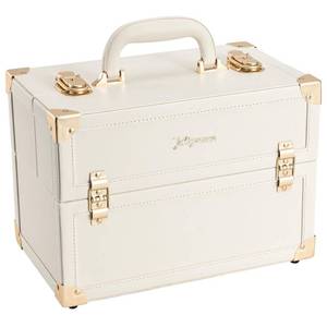 lot 11258 image: Joligrace Makeup Train Case Large Portable Cosmetic Makeup Storage Box Organizer Lockable with 4 Tray Compartments Retro Champagne Beige Vegan Leather (Used) (Small Interior Damage)