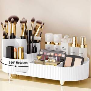 lot 11271 image: Rotating Vanity Organizer with Brush Holder, Large Spinning Makeup Skincare & Cosmetic Organizer, Countertop Perfume & Lotions Display Case (White)
