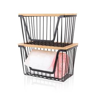 lot 11284 image: 2 Pack Storage Stackable with Bamboo Top for Kitchen Laundry Room Organizers, Large Trash Bag Holder and Garbage Bag Dispenser