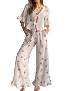 lot 11329 image: codcm Womens Cotton Pajama Set Ruffle 2 Piece Tie Front Shirt and Long Pants Cute Printed Sleepwear(White,Large)