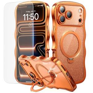 lot 12378 image: 3 in 1 for iPhone 17 Pro Max Case with 360° Spin Magnetic Stand, 1X DIY Glitter Cardstock1X Screen Protector, Fit for MagsafeCute Wavy Glossy Clear Phone Cover for Women Girls 6.9, Cosmic Orange