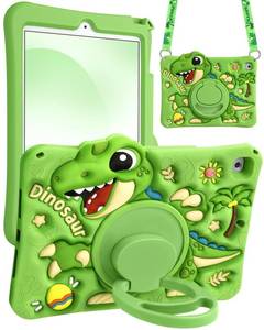 lot 12386 image: Boaretiu for iPad 9.7 Inch for iPad 6th5th Generation Case 2018 2017 - Cute Cartoon with Shoulder Strap & Rotating Stand for Boys Girls Teens Soft Silicone for Air1 Air2, Green Dinosaur