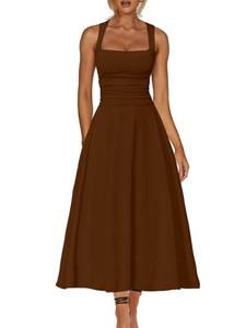 lot 12406 image: Kaximil Womens Square Neck Corset A Line Maxi Dress Ruffle Ruched Waist Flowy Long Dresses, Large, Coffee