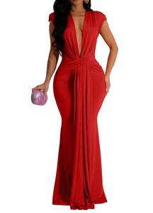 lot 12415 image: Memoriesea Womens Elegant Sleeveless Deep V Neck Bodycon Party Evening Gown Maxi Dress Red