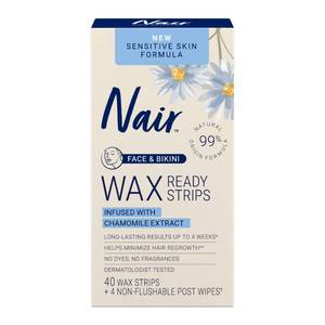 lot 12418 image: Nair Sensitive Hair Remover Wax Ready Strips, Face and Bikini Hair Removal Wax Strips, 40 Count