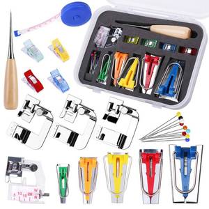 lot 12419 image: LUNARM Bias Tape Tool Kit with Instruction, 5 Sizes Bias Tape Maker (6mm 9mm 12mm 18mm 25mm) with 4 Pcs Sewing Machine Presser Foot, Sewing Clips, Ball Point Pins, Awl, for Fabric Sewing and Quilting