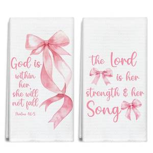 lot 12442 image: TRKAE Pink Bow Christian Bible Kitchen Towels and Dishcloths Set of 2, Coquette Decorative Hand Towel Drying Cloth for Bathroom Baking, Housewarming Gift for Hostess, Women, 16x24 Inches -01