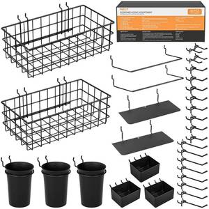 lot 15003 image: INCLY 30PCS Peg Board Organizer Accessories Kit, Pegboard Hooks Assortment with Bins, Cups, Wire Baskets and Paper Towel Holder for 18�� and 14�� Pegboard Garage Workbench Craft Room Organizing Tools