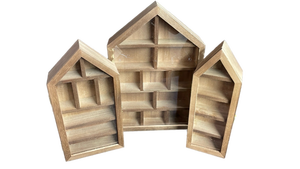 lot 15012 image: Wooden House-Shaped Wall Display Shelves Set large one has crack in glass