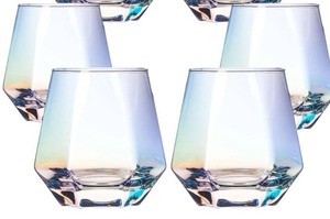 lot 15016 image: BACLIFE Hand Blown Stemless Wine Glasses Set of 4 �� 10 oz Crystal Red Wine Glass �� Premium Iridescent Diamond Shaped Drinking Glasses in Gift Box �� Unique Gift for Wedding, Anniversary, Mothers Day