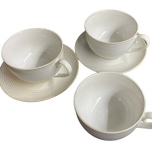 lot 15025 image: White Ribbed Ceramic Tea Cup and Saucer Set (3 cups 2 plates) one plate has a chip