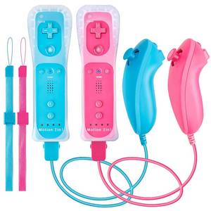 lot 16418 image: DTianSir 2Pack Motion Plus Wii Remote Controllers with Nunchucks,Wii Remote Controllers with Built in Motion Plus Compatible for Wii U Consoles(BluePink) video game