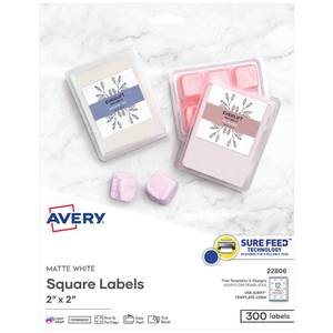 lot 16425 image: Avery Printable Square Labels, 2 x 2, Matte White, Laser & Inkjet Compatible, 300 Blank Labels Total, Great for Branding, Packaging, Events, and More (22806)