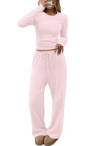 lot 16471 image: CHYRII Women Shirts Palazzo Pants Fall 2 Piece Outfits Sets Matching Suit Tops Long Pants Sets Tracksuit Pink S