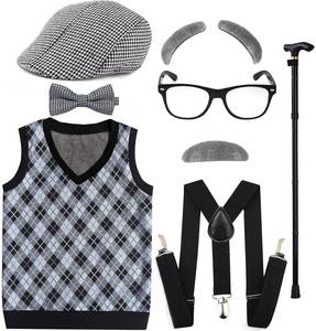 lot 18299 image: EFORLED Kids 100 Days of School Costume for Boys - Halloween Old Man Costume Hat, Glasses and Grandpa Vest Set for Child,LightGrey1-10 (no hat)