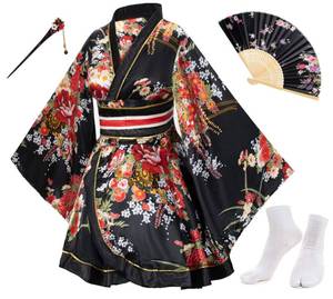 lot 18307 image: Japanese Anime Womens Dance Kimono Robe Fancy Dress Yukata Silk Folding Fans Tabi Hairstick Socks Set Black Small