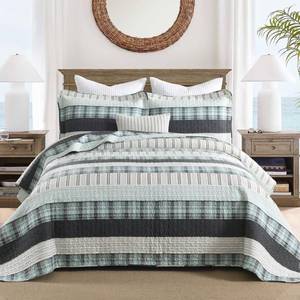 lot 19531 image: Homzard Queen Comforter Set��Cotton Quilts Queen Size��Teal Black Beige Bedding��Plaid Striped Bedspread��Lightweight Reversible Coverlet All Season 3 Pieces